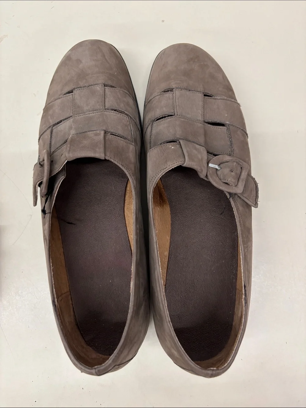 Classic Taupe Suede Slip-On Loafers with Buckle Detail
